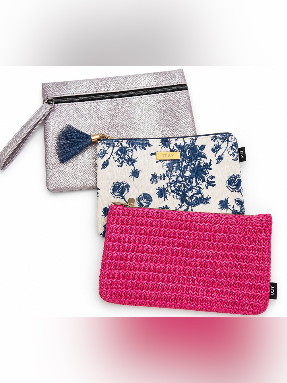 Ipsy Makeup Bag Bundle Set of 3 Cosmetic Pouches Floral Pink Silver Travel Bags